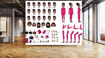 African American Businesswoman cartoon character creation set with various views, hairstyles, face emotions, lip sync and poses. Parts of body template for design work and animation. Wall mural