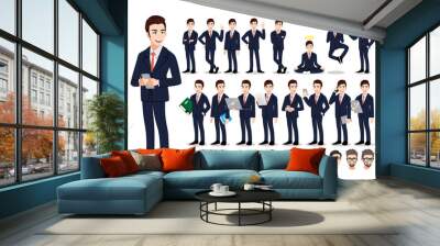 Asian businessman cartoon character set. Handsome business man in office style smart suit . Vector illustration Wall mural