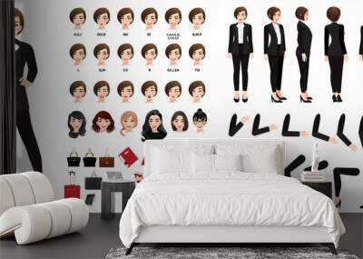 Businesswoman cartoon character in black suit creation set with various views, hairstyles, face emotions, lip sync and poses. Parts of body template for design work and animation Wall mural