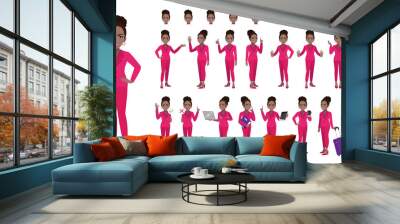 Businesswoman cartoon character set. African American businesswoman in pink color suit style. Flat vector illustration. Wall mural