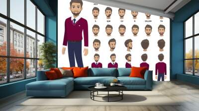 Cartoon character with business man in purple sweater shirt for animation. Front, side, back, 3-4 view character. Separate parts of body. Flat vector illustration. Wall mural