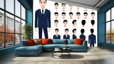 Cartoon character with handsome business man in suit for animation. Front, side, back, 3-4 view character. Separate parts of body. Flat vector illustration. Wall mural