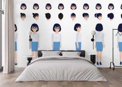 Chinese Businesswoman cartoon character head set and animation design. Front, side, back, 3-4 view animated character. Flat vector illustration. Wall mural