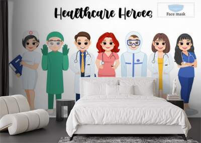 Health care heroes, Illustration of doctors and nurses characters and Face masks element vector Wall mural