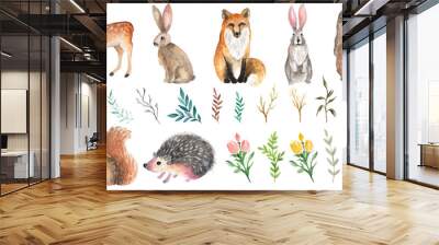 set of animals watercolor illustration on transparent background Wall mural