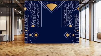 Art deco background with golden line on blue background. Art deco vintage linear thin line geometric shape retro design frame badge. Art deco line border for wedding, template, greeting card, poster Wall mural