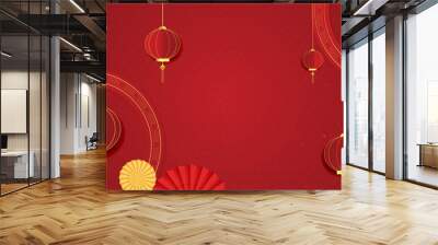 Red and gold vector modern and luxury chinese frame background. Happy Chinese new year background banner template design with dragons, clouds and flowers Wall mural