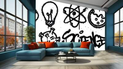 Set science graffiti spray paint. Collection of brain, lightbulb, molecule, chemical test tube, bacteria, book Isolated Vector Wall mural