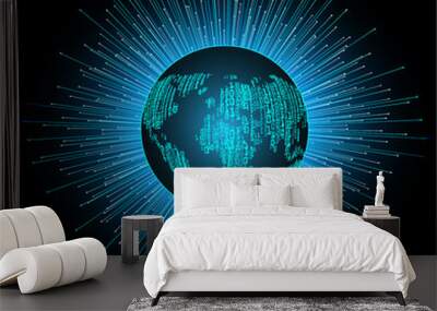 binary circuit board future technology, blue cyber security concept background, . world map vector Wall mural