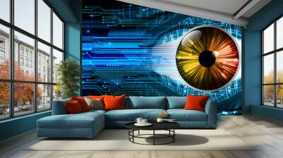 binary circuit board future technology, blue eye cyber security concept background, abstract hi speed digital internet.motion move blur. pixel Wall mural