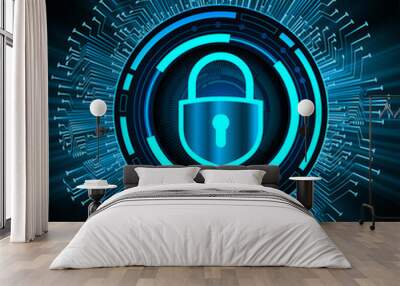 Closed Padlock on digital background, cyber security
 Wall mural