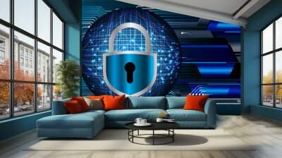 Closed Padlock on digital background, cyber security Wall mural