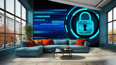 Closed Padlock on digital background, cyber security Wall mural