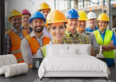 Group of male and female construction workers at the construction site Wall mural