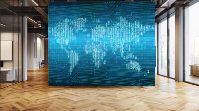 world map, binary circuit board future technology, blue cyber security concept background, abstract hi speed digital internet.  Wall mural