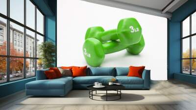 Green dumbbell isolated on white. Wall mural