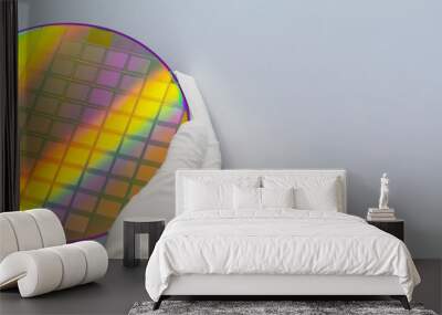 Hands in white gloves holding a silicon wafer with microchips on white background.Banner format. Wall mural