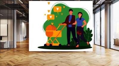 dad and mom with baby stroller illustration Wall mural