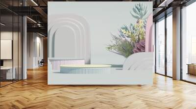 3d rendering of podium and abstract geometric with empty space for kids or baby product. Succulents and cactus with colorful pastel background
 Wall mural