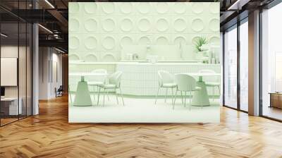 Coffee shop. Restaurant design. Modern and Minimal, green counter and white gloss beige background  ,Wall back counter pastel blue decor. 3d render
 Wall mural