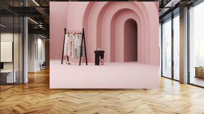 Luxury Clothes hanging on a rack, fitting room on black and pink background. Creative composition. Light background with copy space. 3D render for web page, studio, store fashion	
 Wall mural