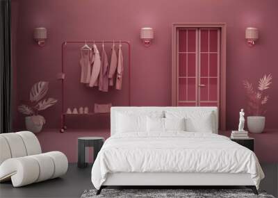 Monochrome room scene with clothing on hanging, door, plant pot on pink background. Creative composition. Light background with copy space. 3D render for web page, presentation, studio, store fashion Wall mural