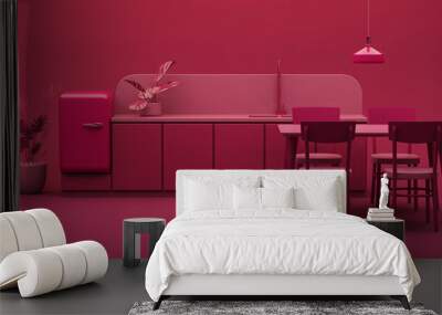 Viva magenta is a trend colour year 2023 in the kitchen room. Interior of the room in plain monochrome viva magenta color with washing sink, faucet, table dinner.3d render Wall mural