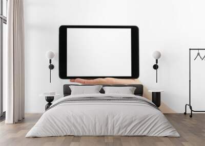 Hand holding the digital tablet with blank screen on white background. Wall mural