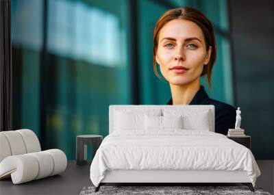 A smartly dressed young woman looks off to the side near a modern office building Wall mural