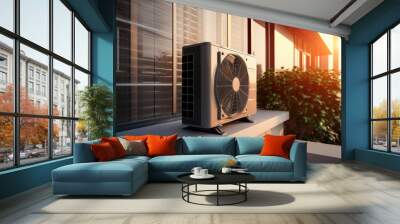 Air heat pump standing outdoors on the house exterior wall Wall mural