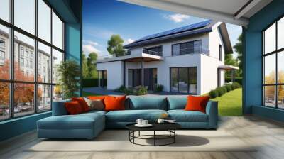 Modern house with solar panels on the roof  3d render Wall mural