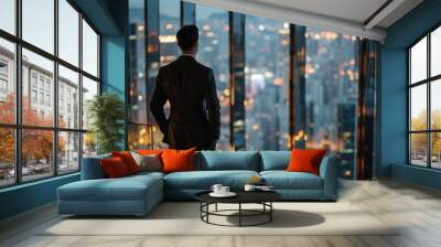 Successful businessman in the office looking at the cityscape Wall mural