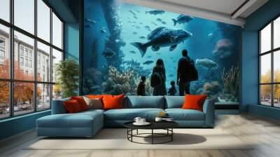 Tourists exploring sea life in public aquarium museum Wall mural