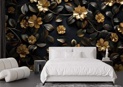 Golden Flowers and Black Leaves on a Dark Background Wall mural