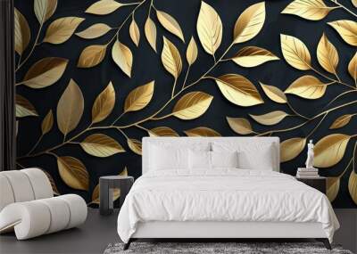 Golden Leaves on Black Background Wall mural