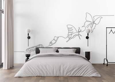 Continuous one line drawing of butterfly life cycle. One line drawing illustration of butterfly metamorphosis. Butterfly transformation concept continuous line art. Editable outline. Wall mural