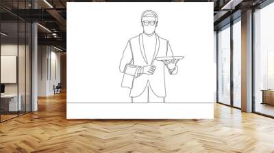 Continuous one line drawing of waiter holding tray. One line drawing illustration of waiter working. Restaurant bar and cafe worker concept continuous line art. Editable outline. Wall mural