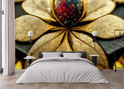 flower-shaped jewel with gold and precious stones, 3d render and digital painting, concept illustration Wall mural