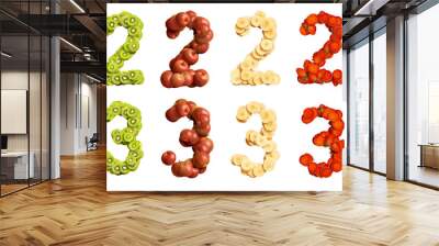 set of 3d numbers made of fruits, apple, banana, kiwi, strawberry, two and three Wall mural