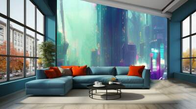 view of the futuristic city, urban landscape with buildings and towers, concept illustration, sketch style, generative ai, (these depiction is fictitious and generated) Wall mural