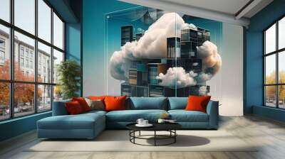 E-commerce / Cloud Computing / Datacenter / Software Library Concept. Technology Inventory Embedded in a Cloud inside a Transparent Glass Cube. Space for Text / Copy.  Wall mural