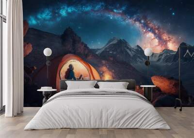 Night camping in the Mountains under a Starry Science Fiction Fantasy Sky with the Milky Way, Tent, Hiker, and Campfire. Female Camper Admiring Landscape.
 Wall mural