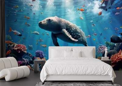 Ocean blooming with animals realistic render Wall mural