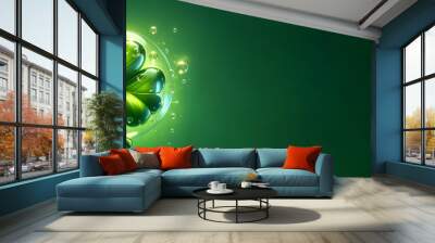 Banner, Shamrock bubble style, isolated on a green background, St. Patrick’s Day, clover, Shine and Green leaves, Copy space, Blanck for text, Front view Wall mural