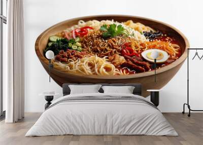 Bowl of Noodles. spicy ramen served in a rustic wooden bowl against a clean white backdrop. The vibrant colors and intricate details of the noodles. PNG Wall mural