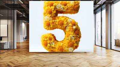 Number 5 is made of real natural Yellow flowers, Isolated on a white background, flower font concept, Creative Numbers Wall mural