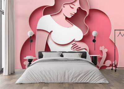 Pregnant mom, papercut illustration, isolated on a pink background, flat vector illustration
 Wall mural