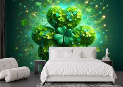 St. Patrick’s Day Shamrock  with gree confetti explosion, isolated on a  Green background, Celebrating Patrick's Day, Clover Wall mural