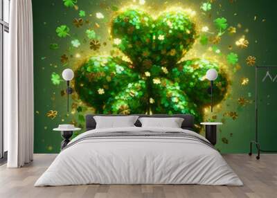 St. Patrick’s Day Shamrock  with gree confetti explosion, isolated on a  Green background, Celebrating Patrick's Day, Clover Wall mural