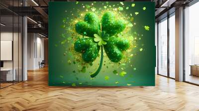 St. Patrick’s Day Shamrock  with gree confetti explosion, isolated on a  Green background, Celebrating Patrick's Day, Clover Wall mural